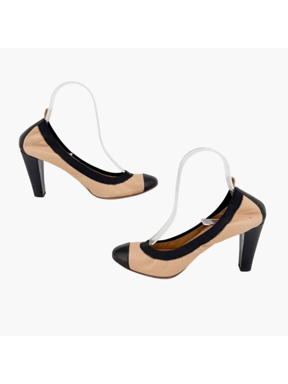 Chanel Beige Black Cap Toe CC Leather Pumps Heels Size 40 US 9-9.5 Stretch